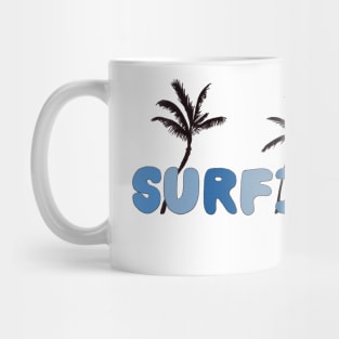 Surfing Blue Bubble Letters with Palm Trees Mug